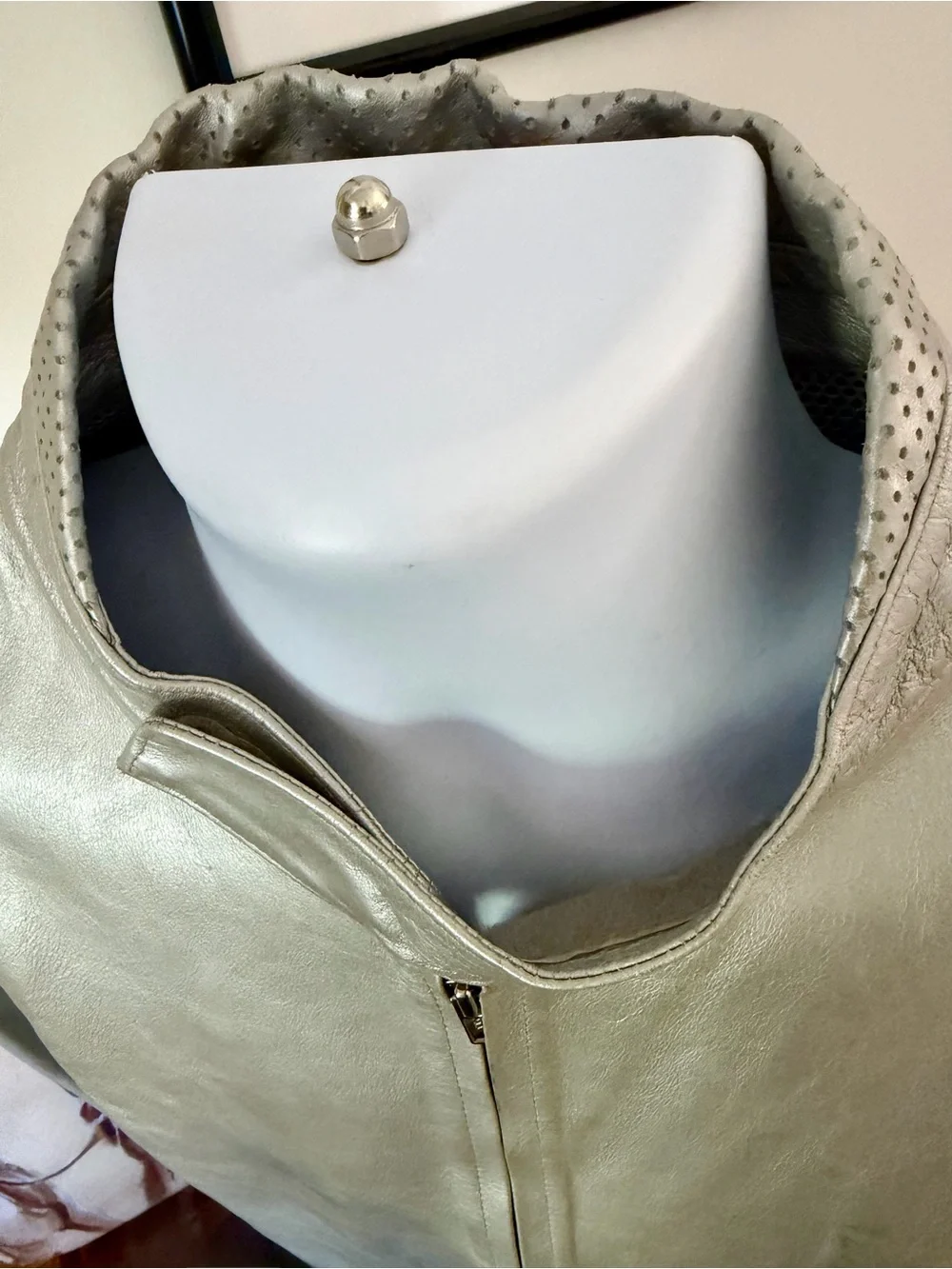 Men's Light Gray/Silver Leather  Zip-Front Motorcycle Style Jacket